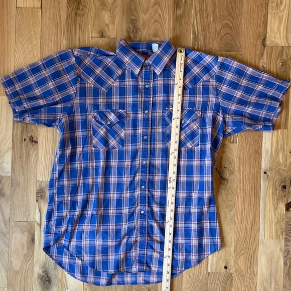 Mens Ely‎ Plains Plaid Short Sleeved Pear Snap Button Down SZ L - Picture 2 of 5